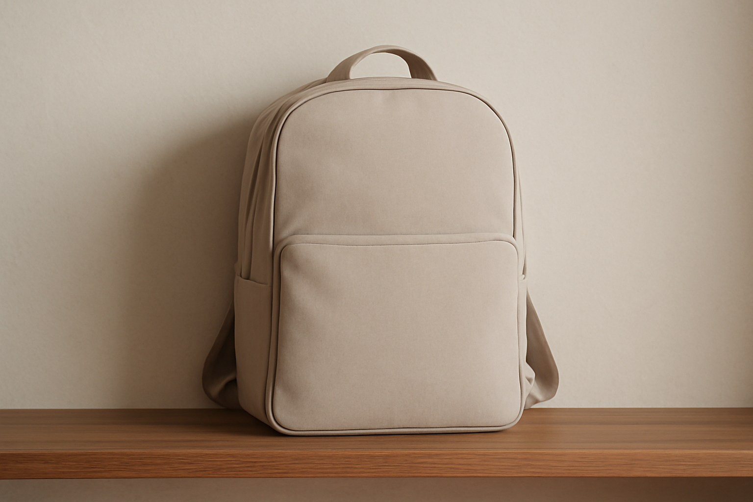 sac minimaliste posé sur étagère en bois