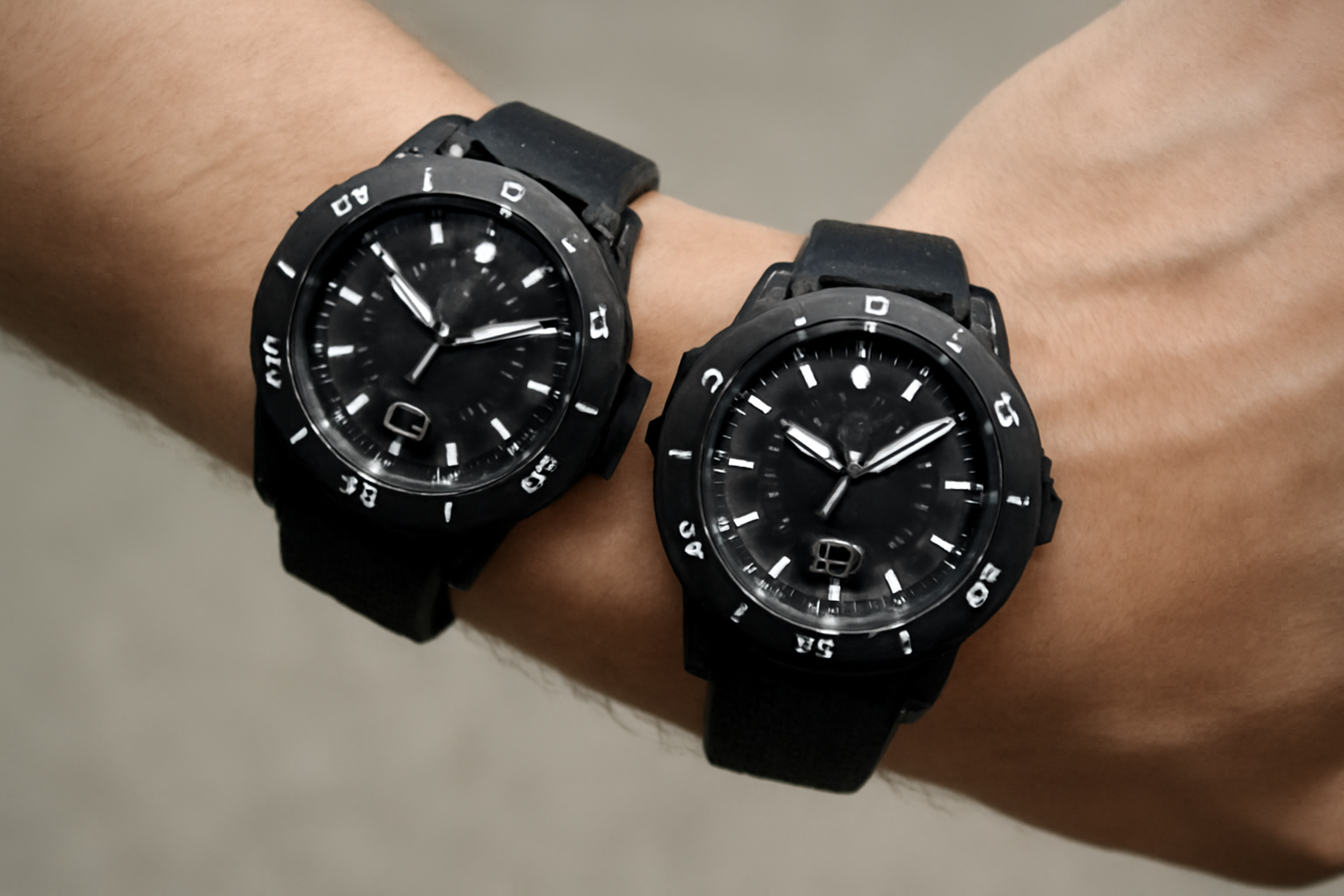 poignets avec deux montres sportives cote a cote