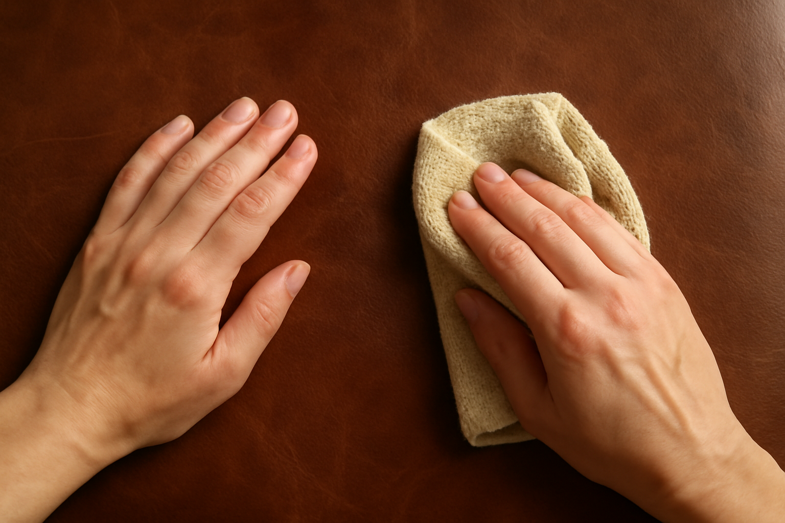 mains frottant cuir avec chiffon doux