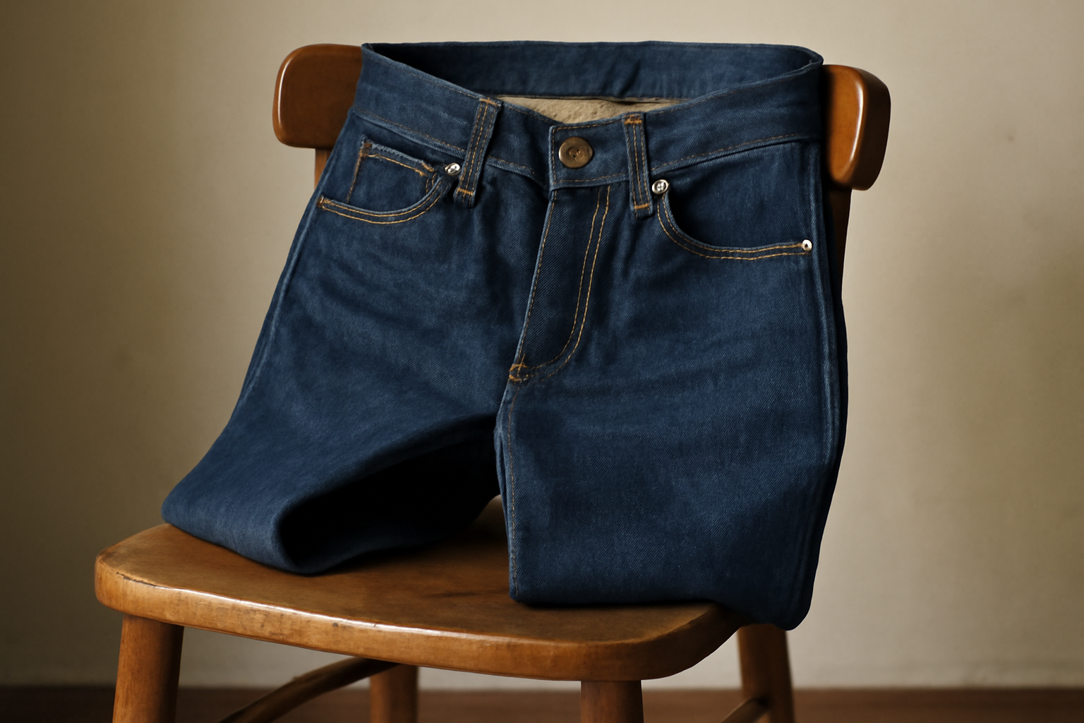 jean brut posé sur chaise en bois
