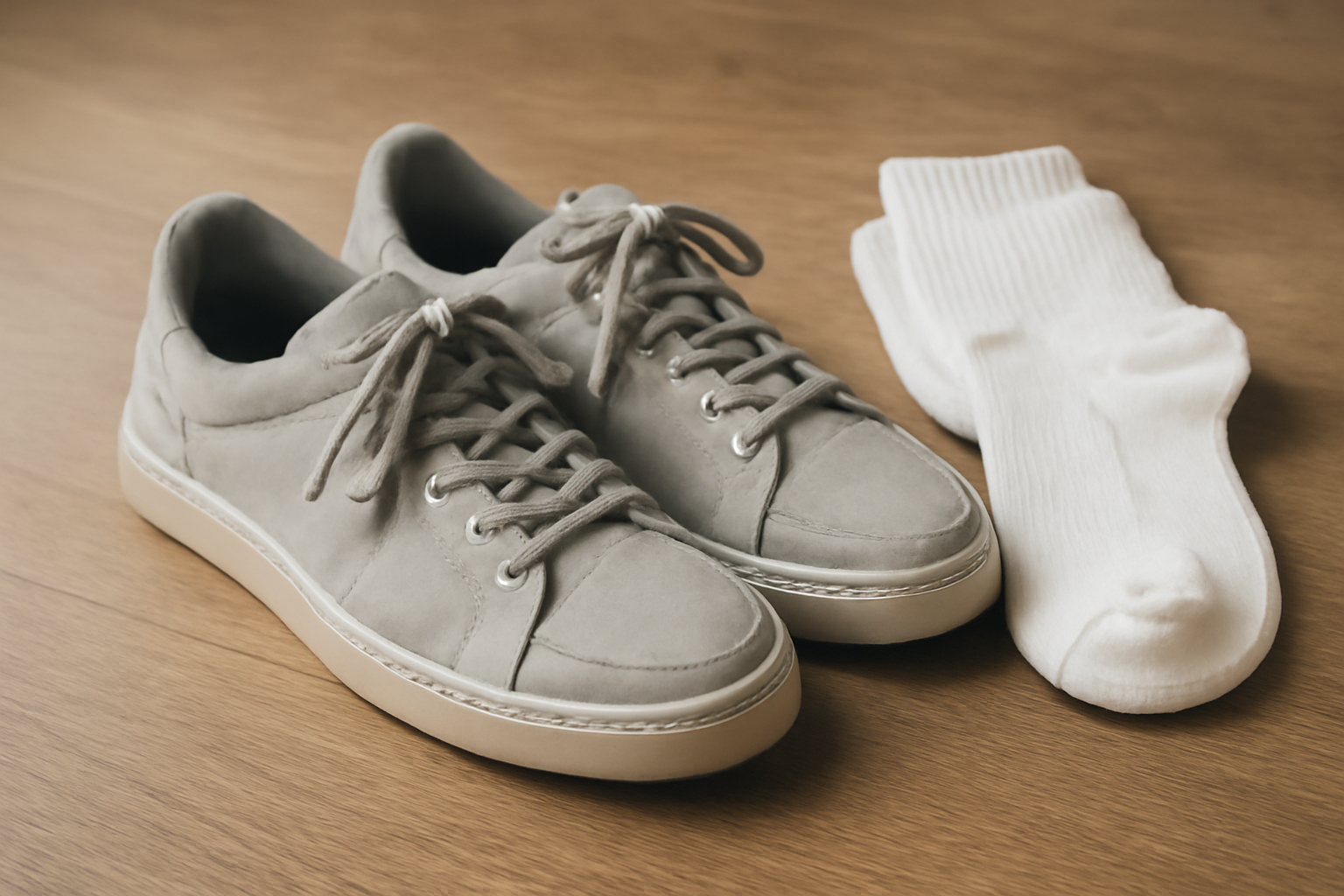 paire de baskets posées près de chaussettes