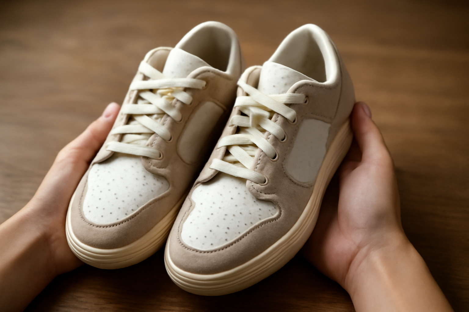 paire de baskets ouverte avec mains les prenant