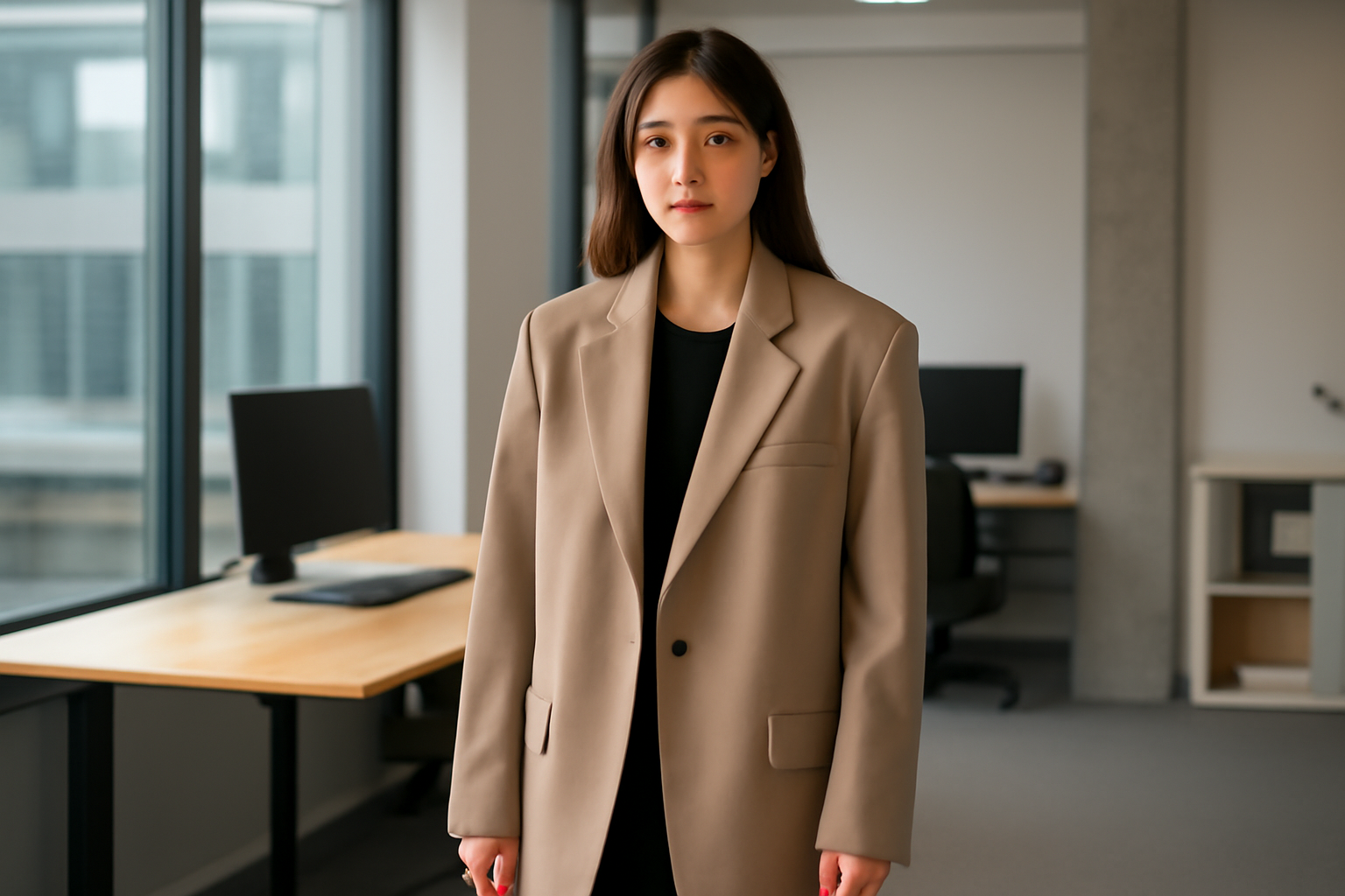 personne portant blazer oversize dans bureau moderne