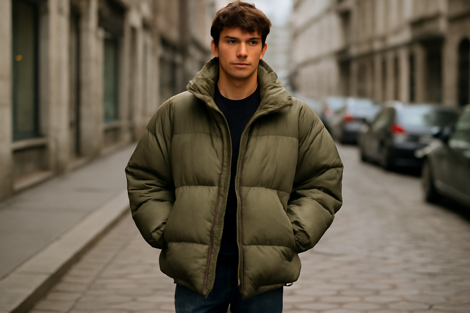 personne portant blouson oversize dans rue