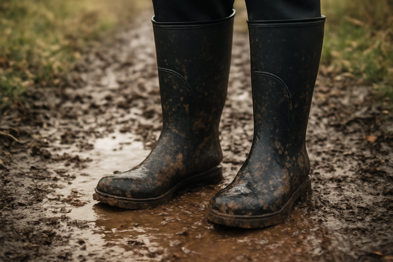 bottes en caoutchouc sur sentier boueux
