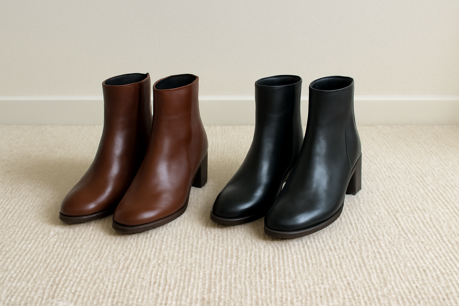 deux paires de bottines rangees sur tapis minimaliste