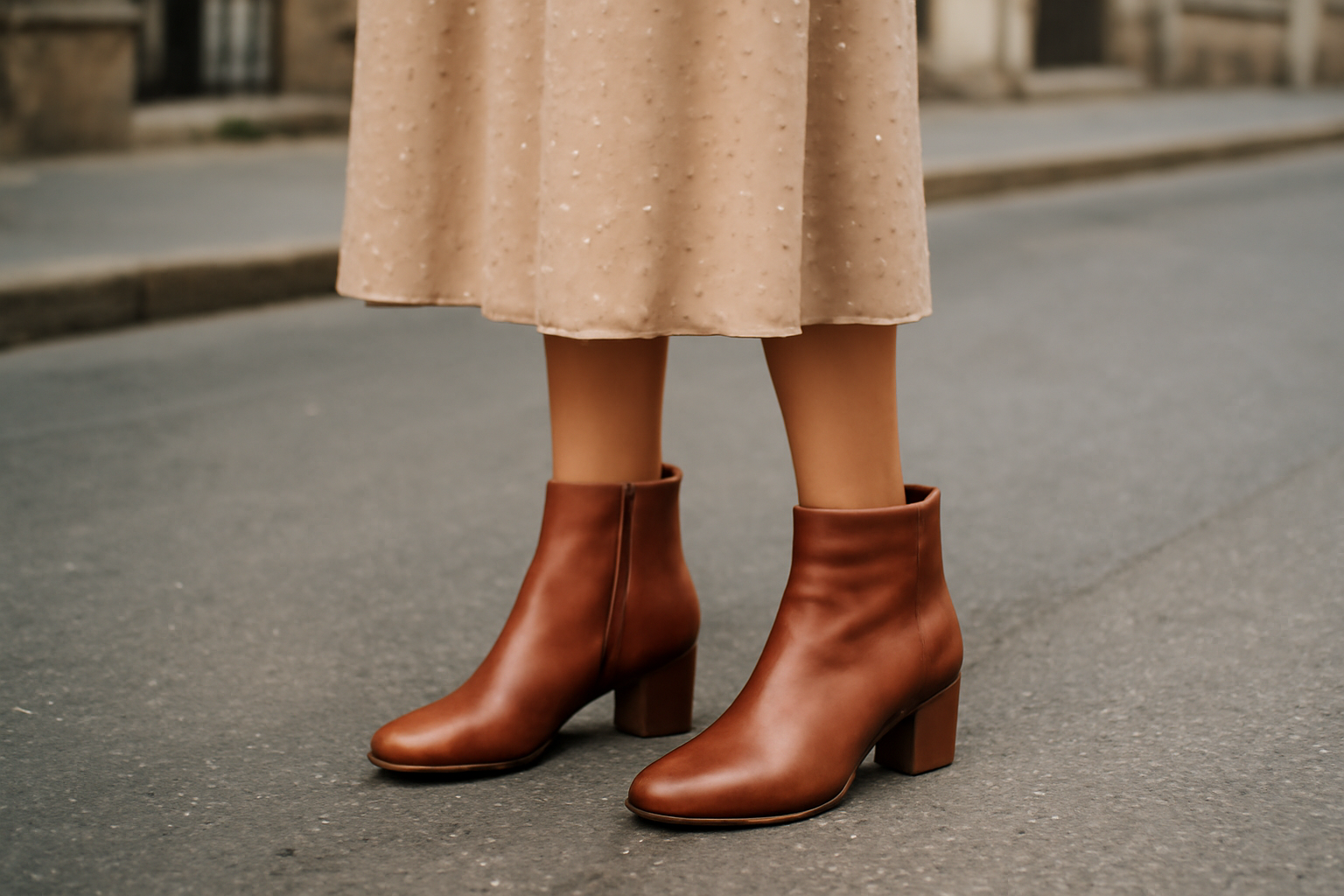 bottines portées avec robe midi en rue