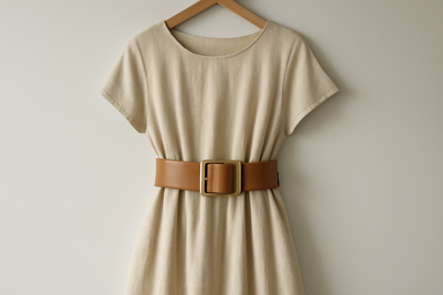 ceinture large posée sur robe midi suspendue