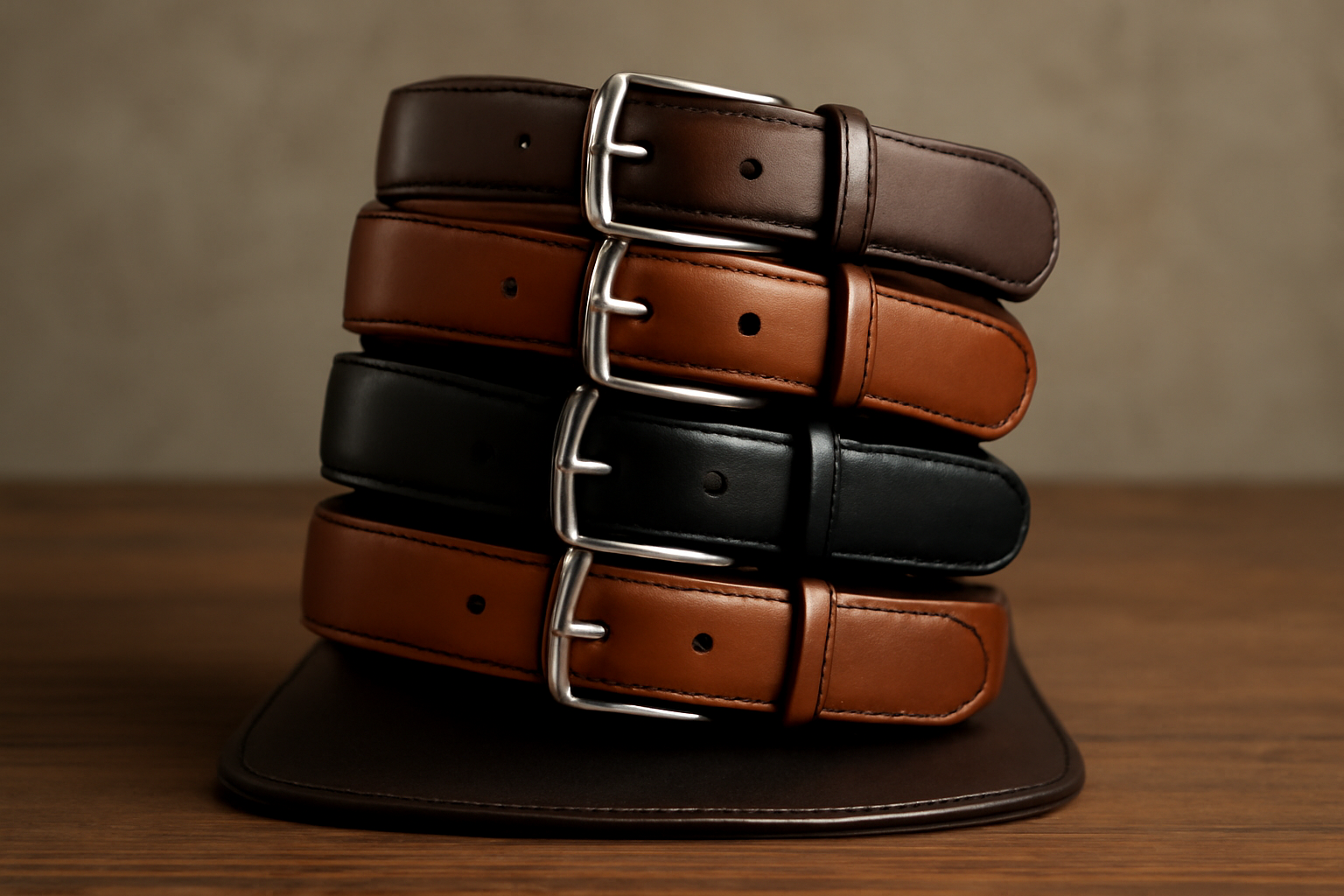 ceintures reposees sur un presentoir en cuir