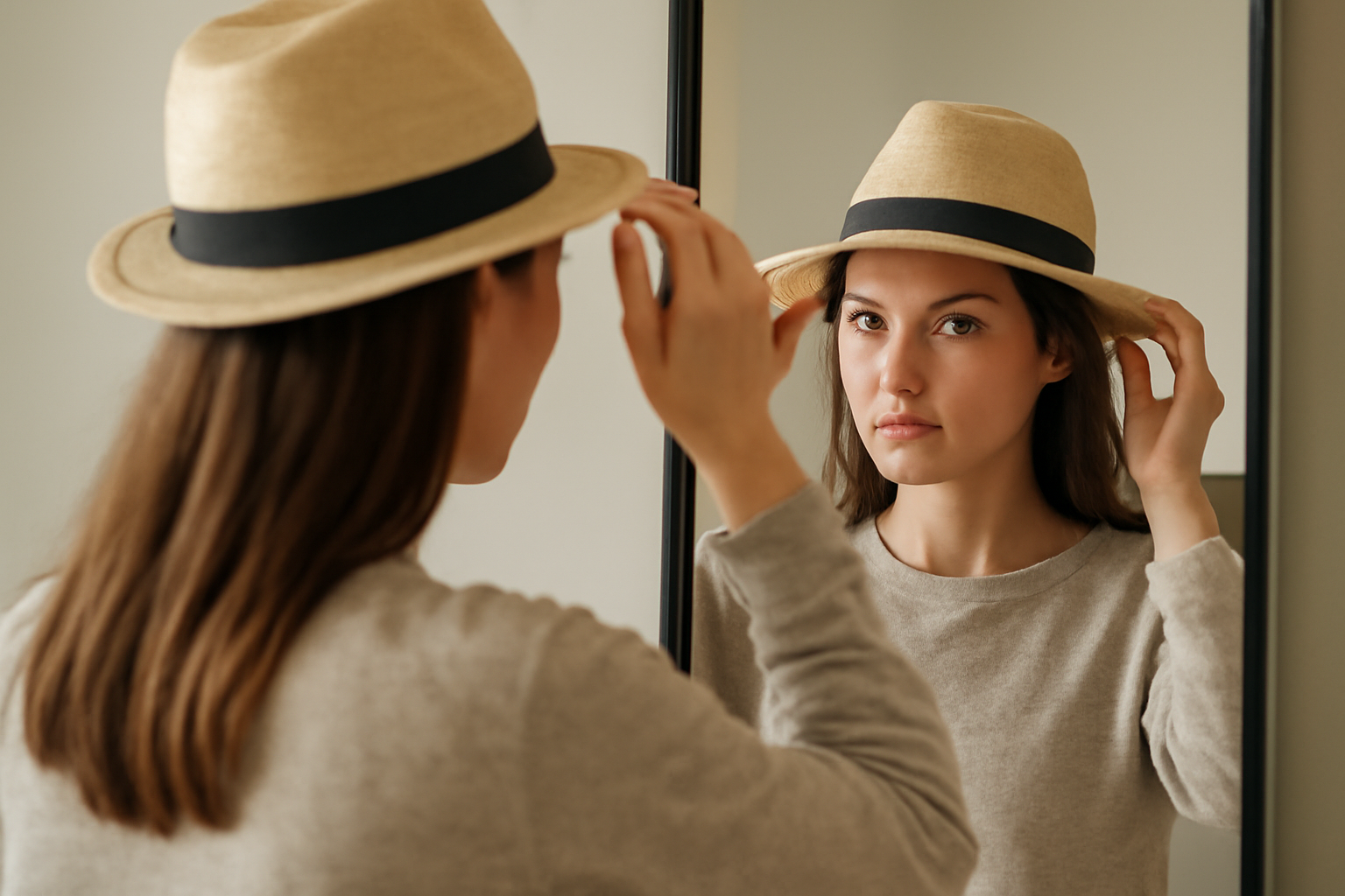 personne essayant un chapeau devant miroir