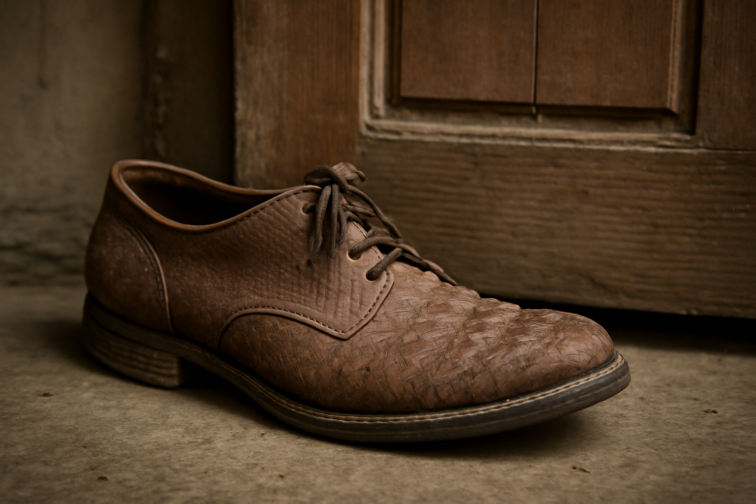 chaussure en cuir fissuree pres d'une porte