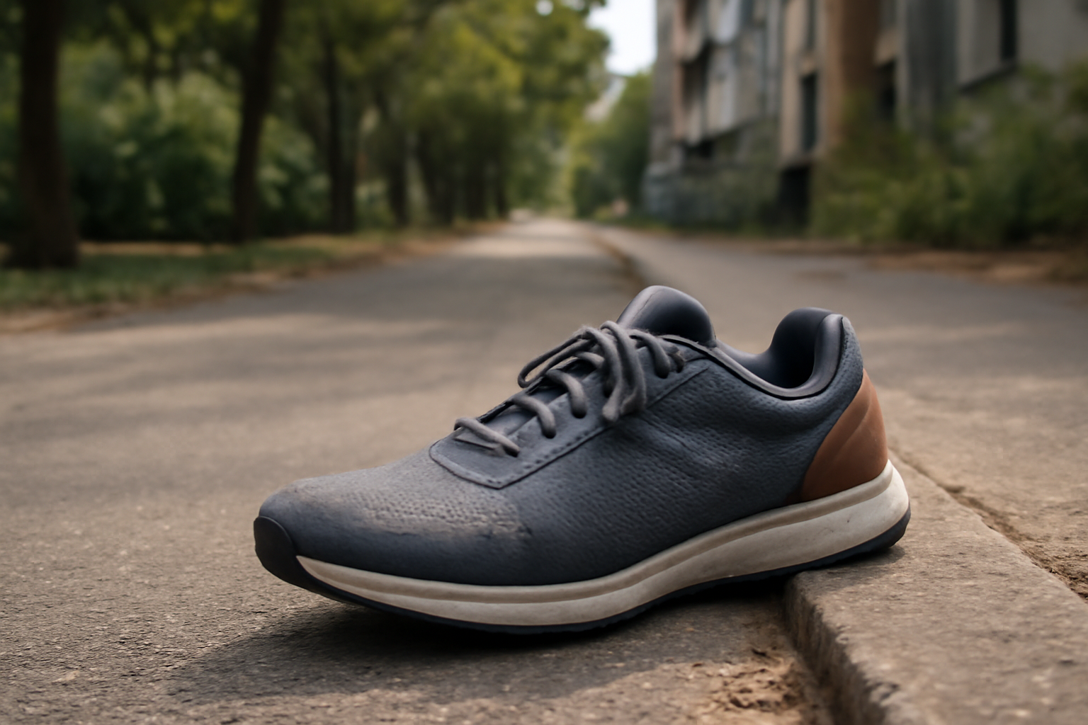 sentier urbain avec chaussure posée sur bord