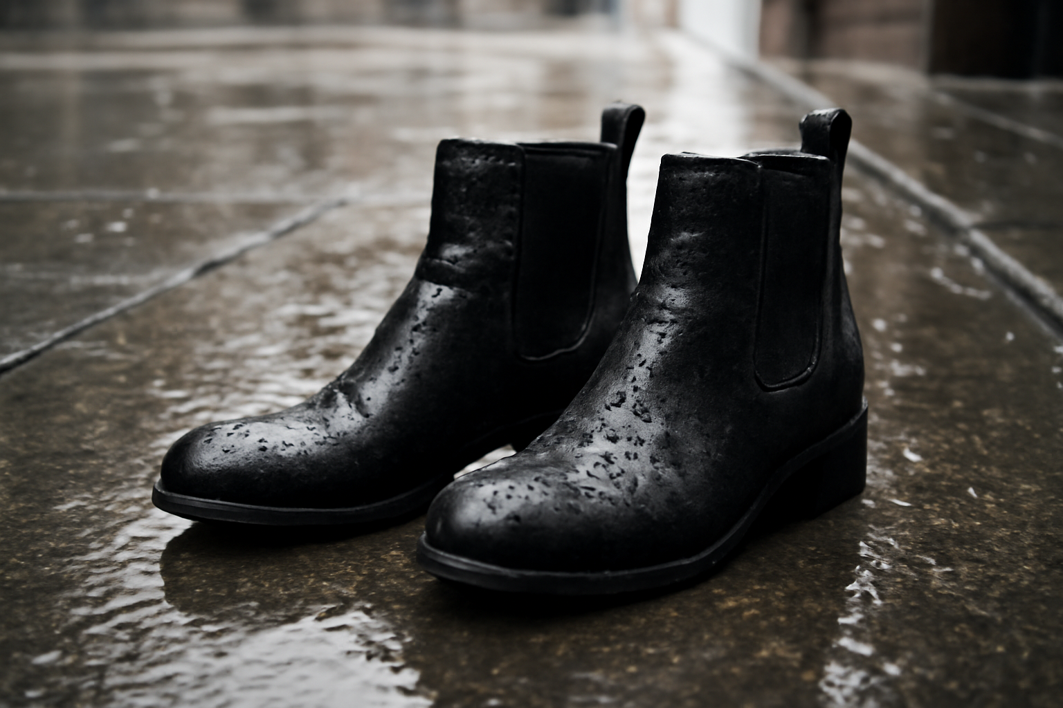 bottines mouillées sur sol urbain pluvieux