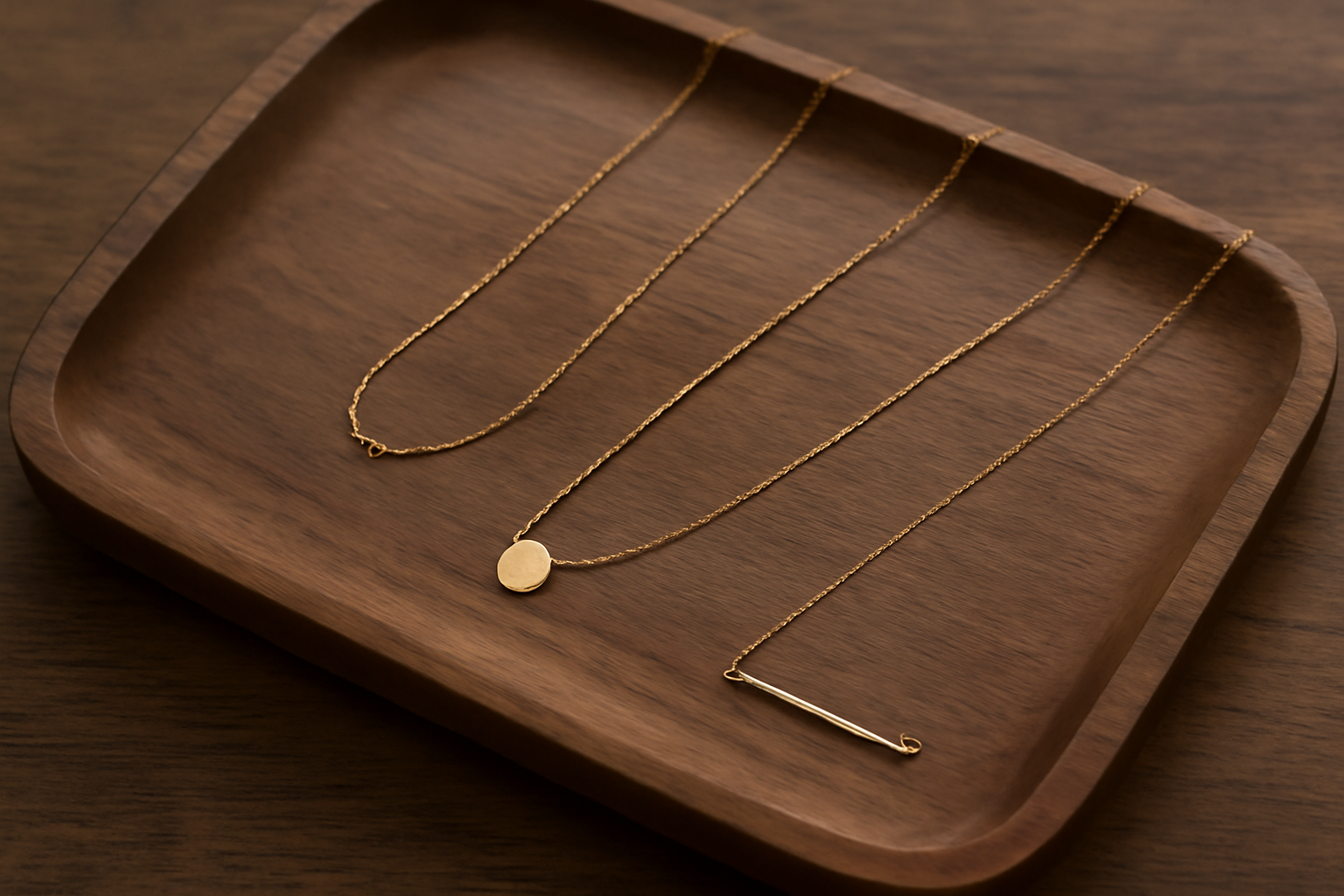 colliers fins posés sur plateau en bois