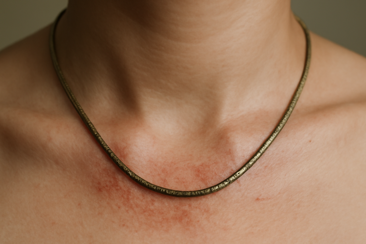 collier posé sur cou sensible avec trace d'oxyde