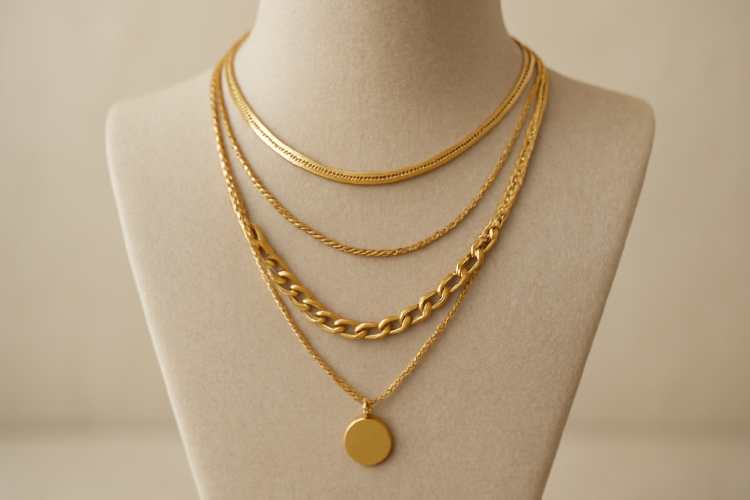 plusieurs colliers superposés sur un présentoir neutre