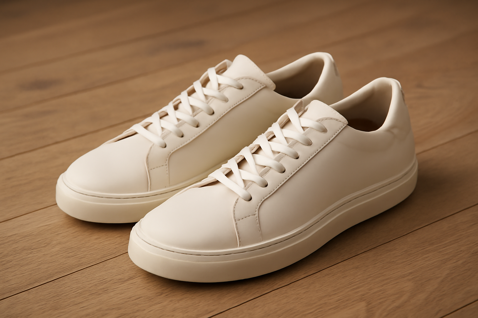 sneakers minimalistes posées sur plancher