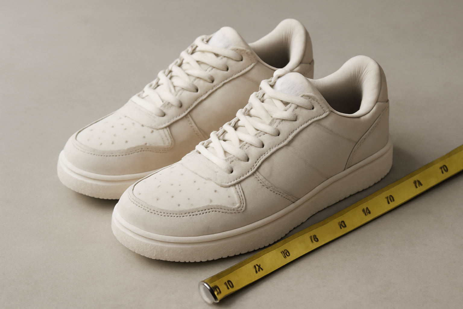 sneakers posées près d'un mètre ruban