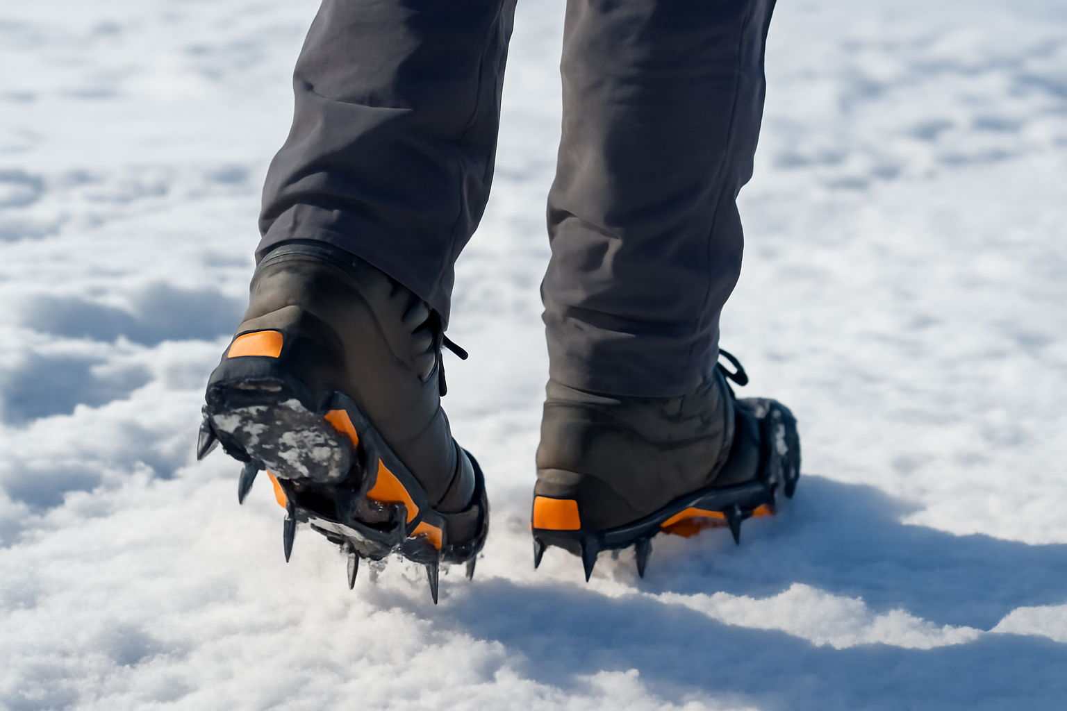 personne avec crampons marchant sur neige