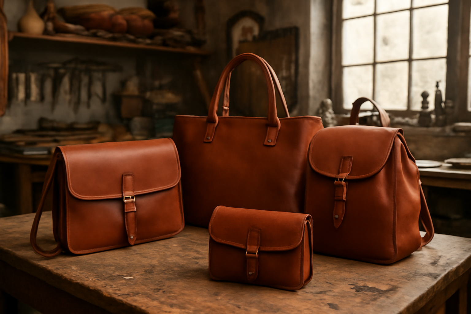 atelier artisanal avec sacs en cuir sur table