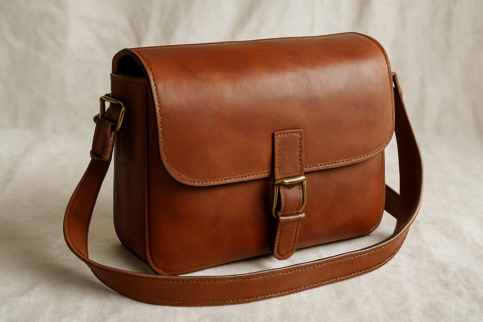 sac en cuir posé sur tissu clair