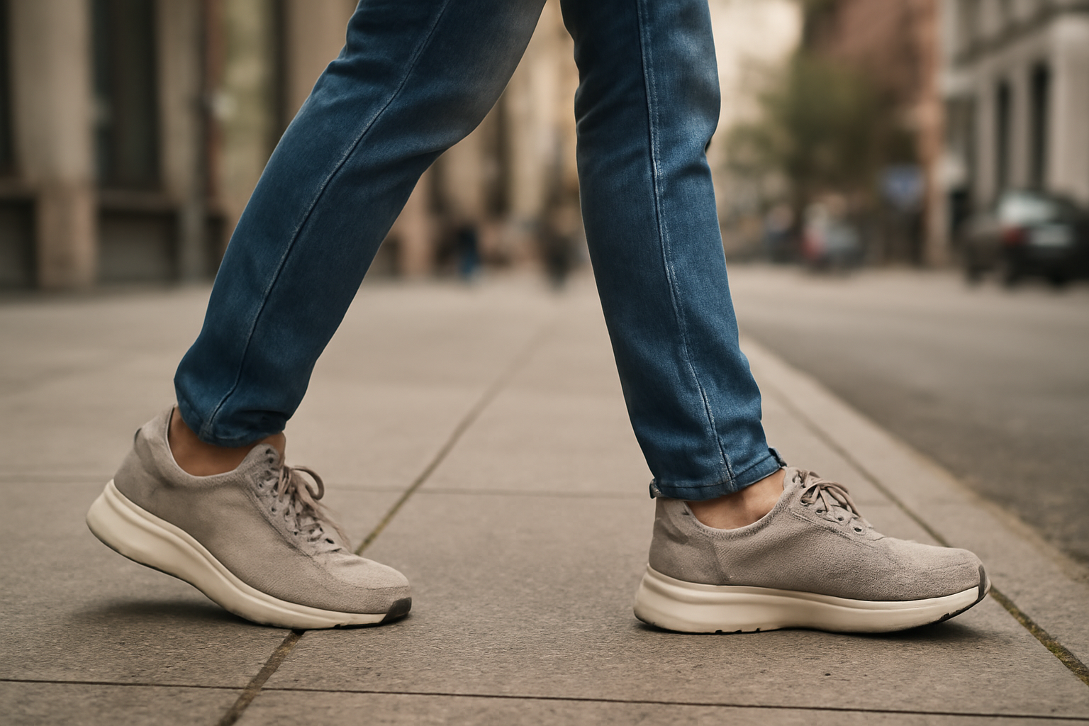 personne marchant en baskets sur trottoir urbain