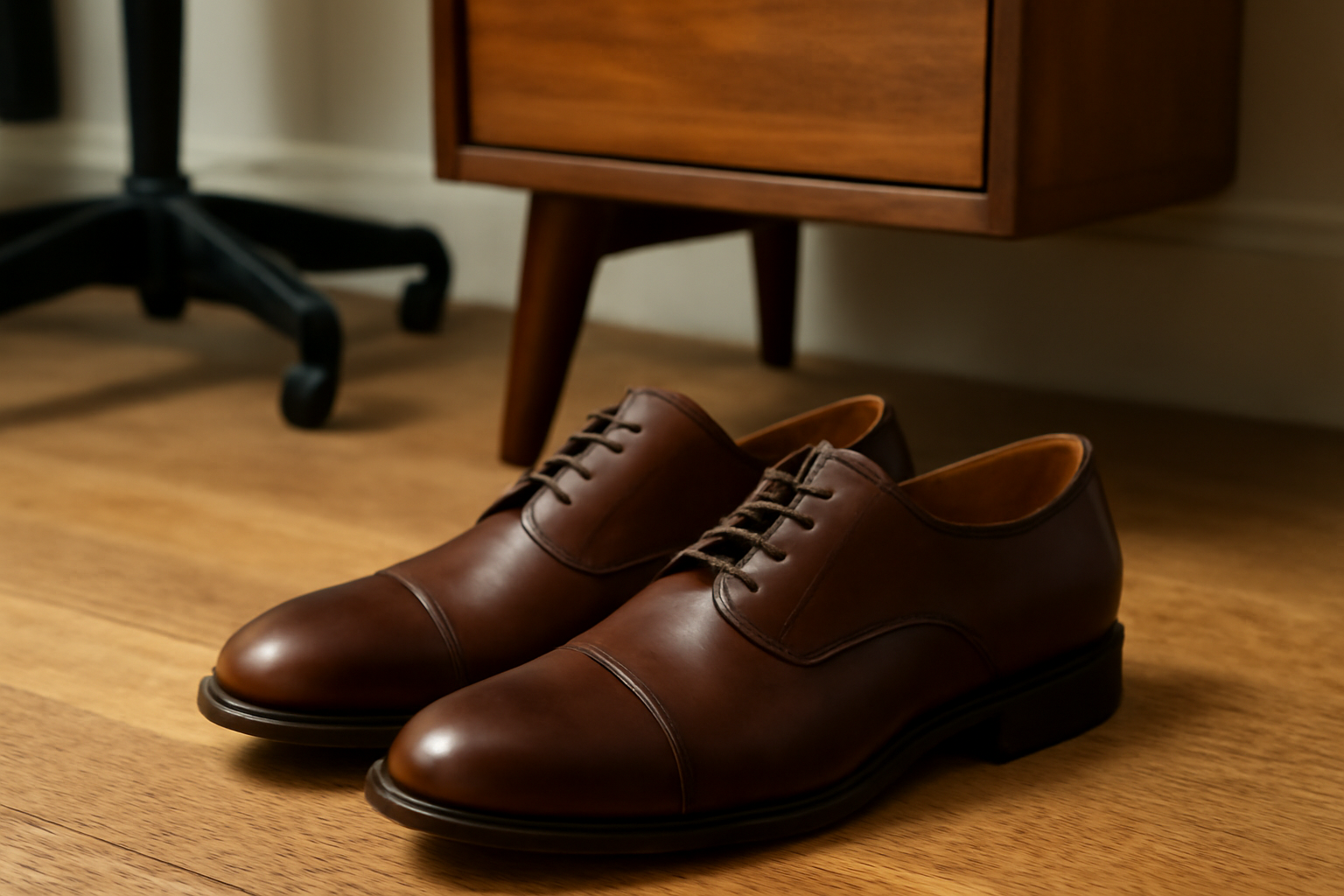 chaussures de ville posées près d'un bureau