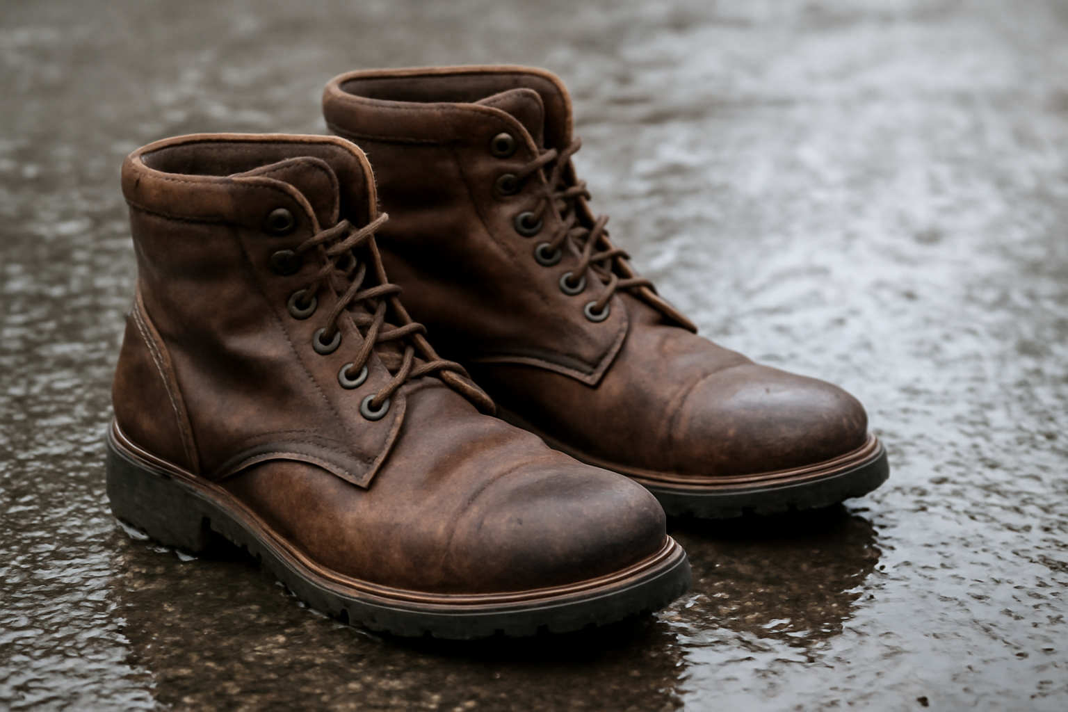 paire de bottines robustes sur sol mouillé