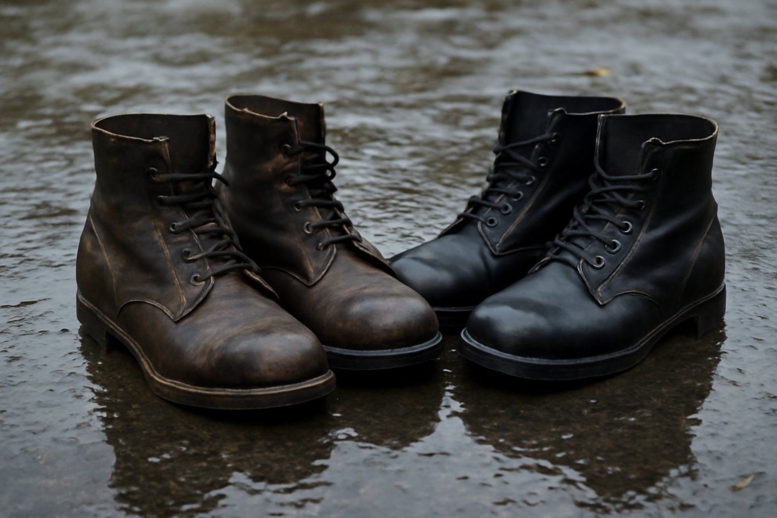 deux paires de bottes sur sol mouillé