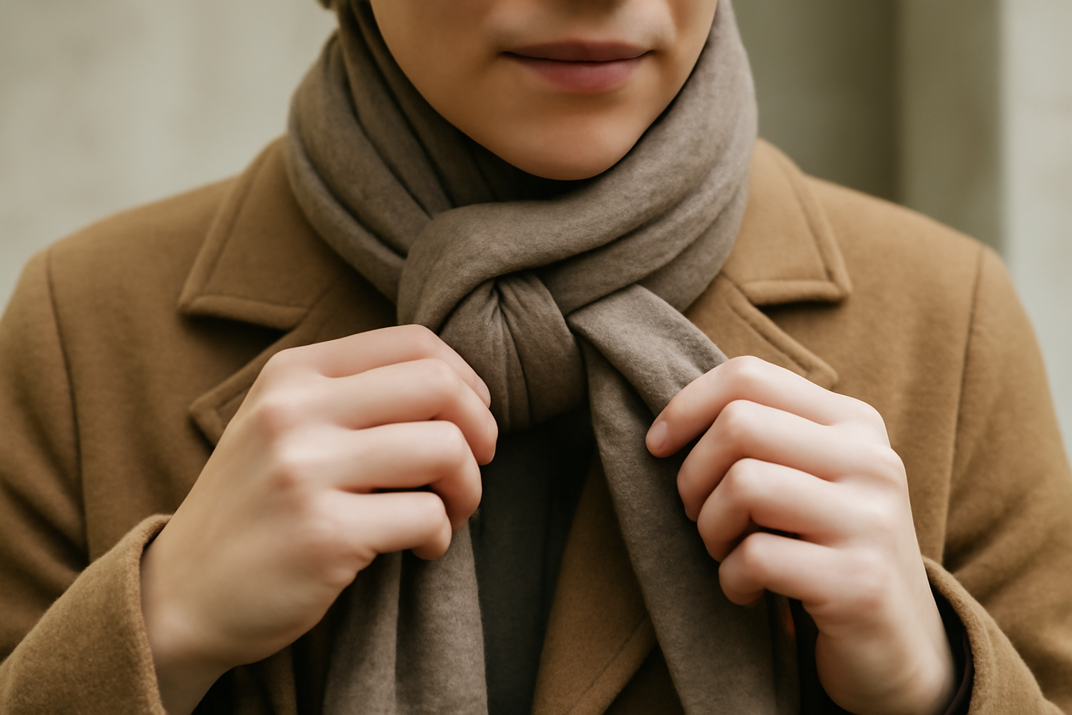 personne nouant une echarpe autour du cou