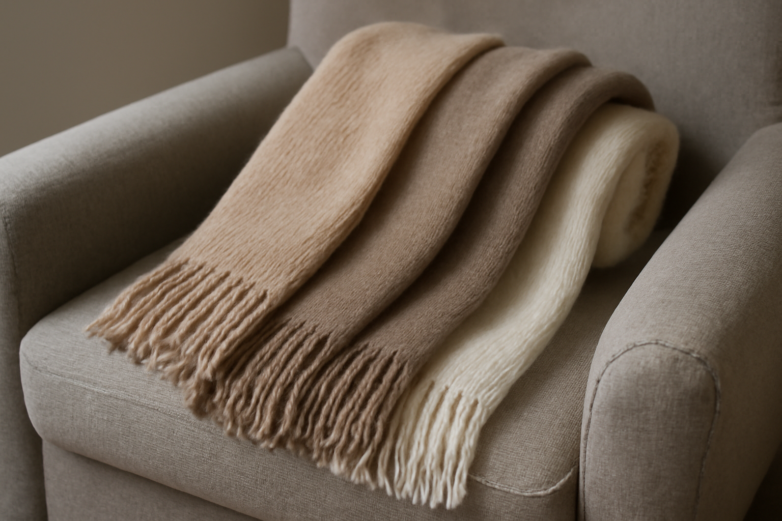 écharpes neutres posées sur fauteuil en tissu