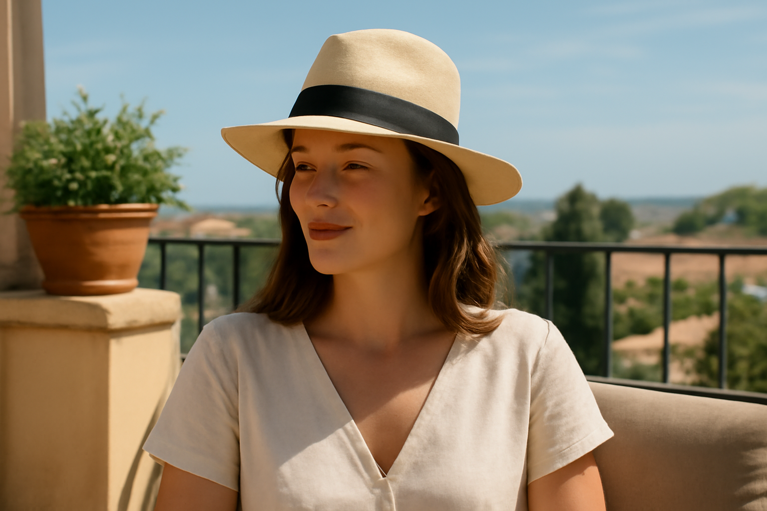 femme portant fedora léger sur terrasse ensoleillée