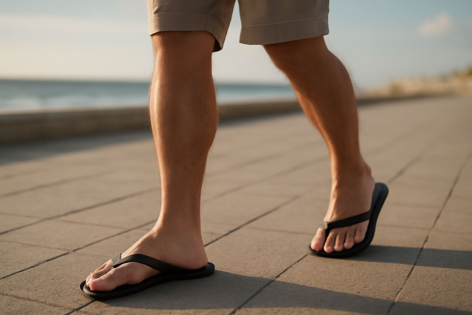 personne marchant en tongs sur promenade