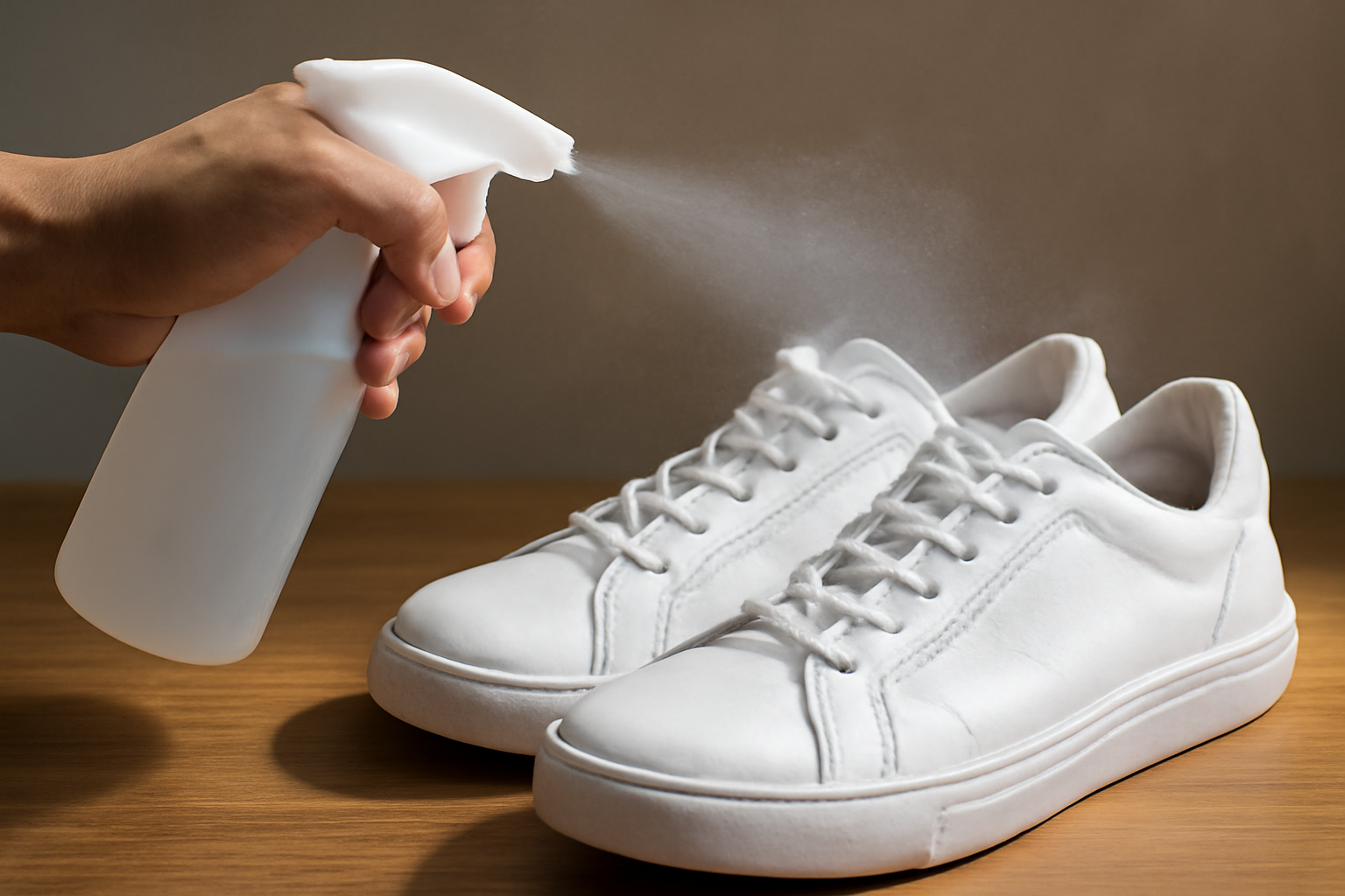 mains vaporisant un produit sur une paire