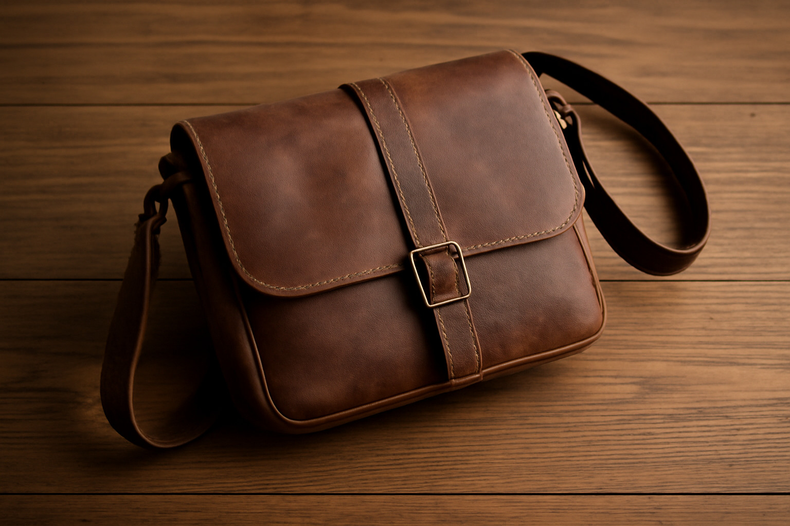 sac bandoulière posé sur table en bois