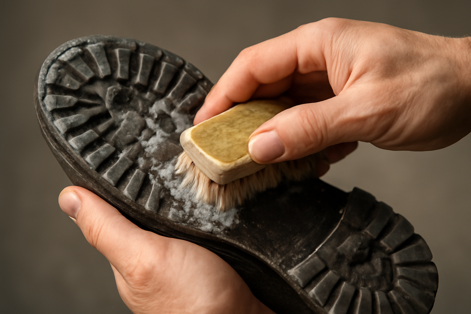 mains frottant semelle d'une chaussure