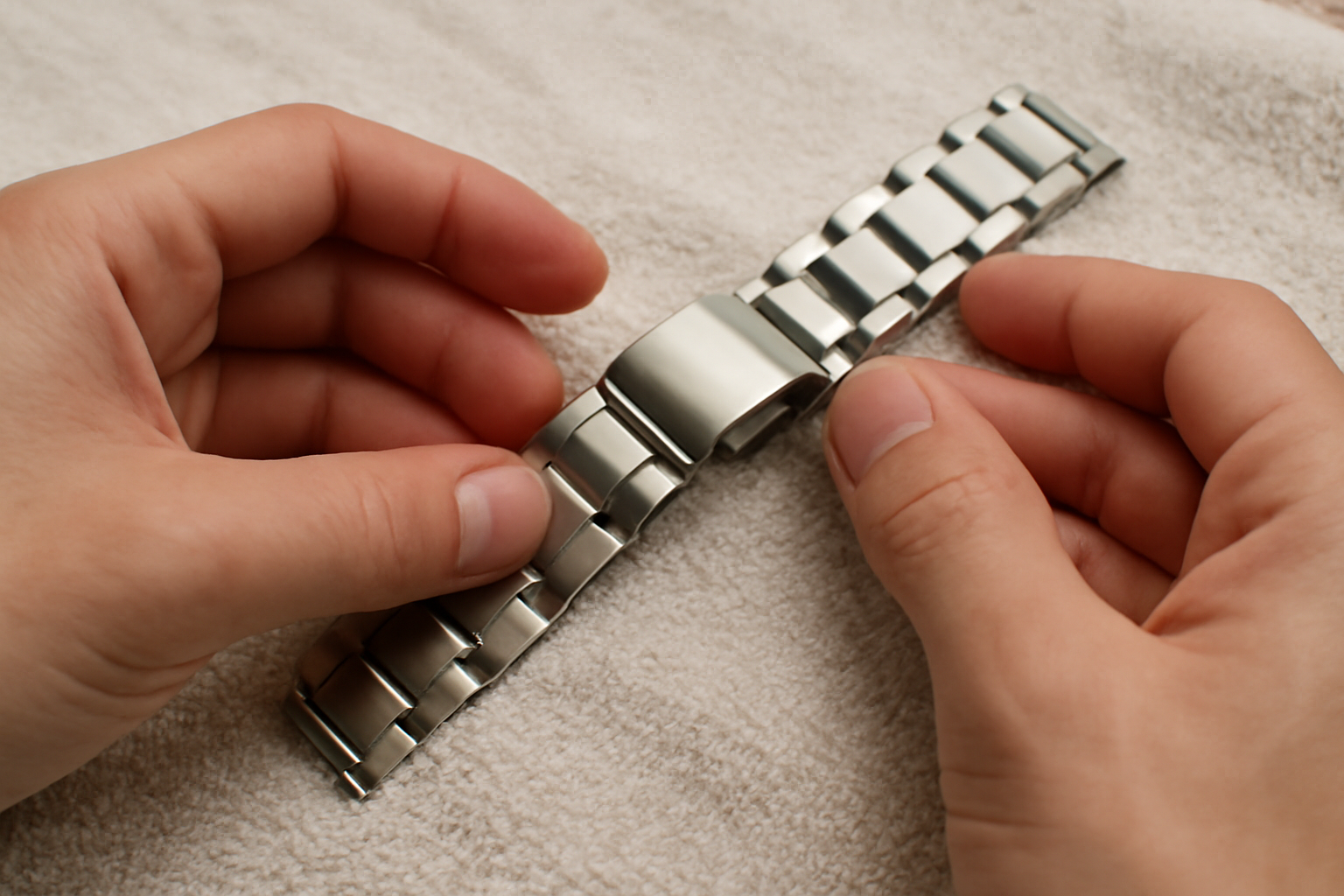 mains tenant un bracelet en acier sur serviette