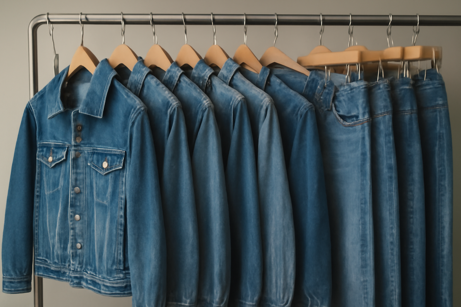 vêtements en denim suspendus sur portants