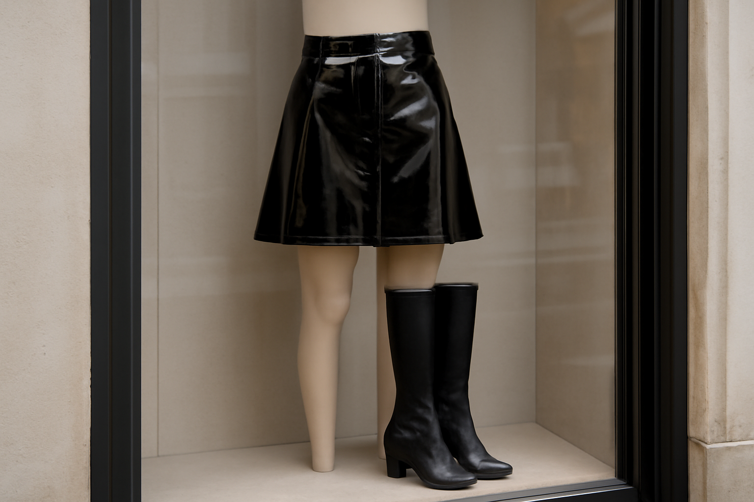 vitrine exhibant une jupe vinyle et bottes