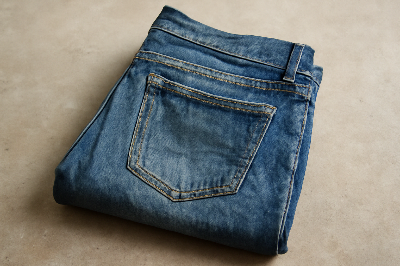 jean posé plié avec marques d'usure visibles