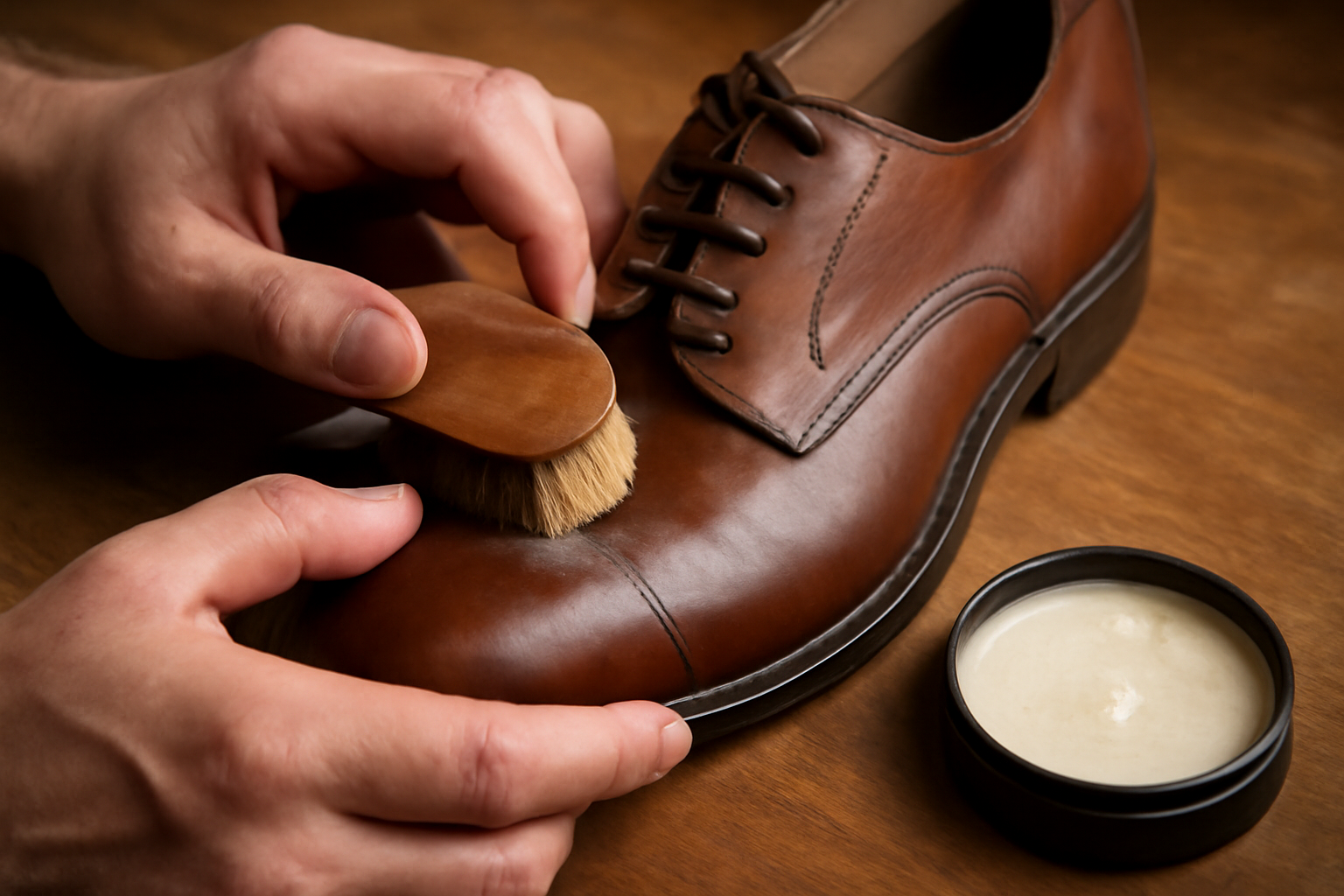 mains appliquant cire sur chaussure en cuir