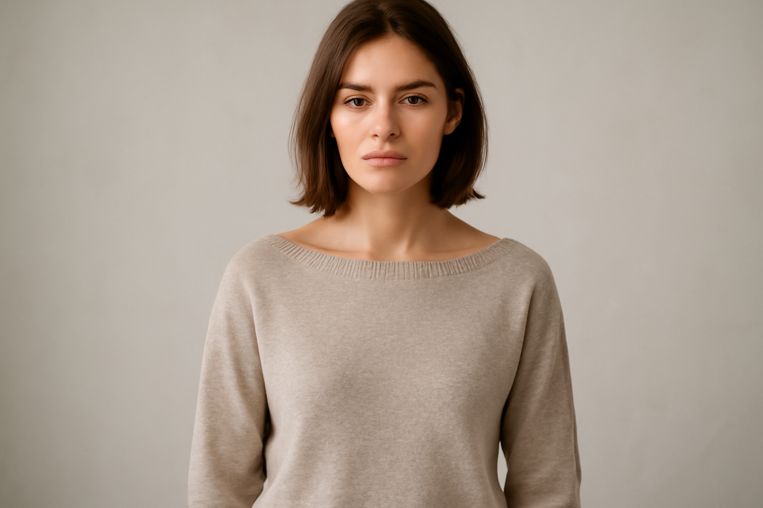 personne portant pull col bateau en décor simple