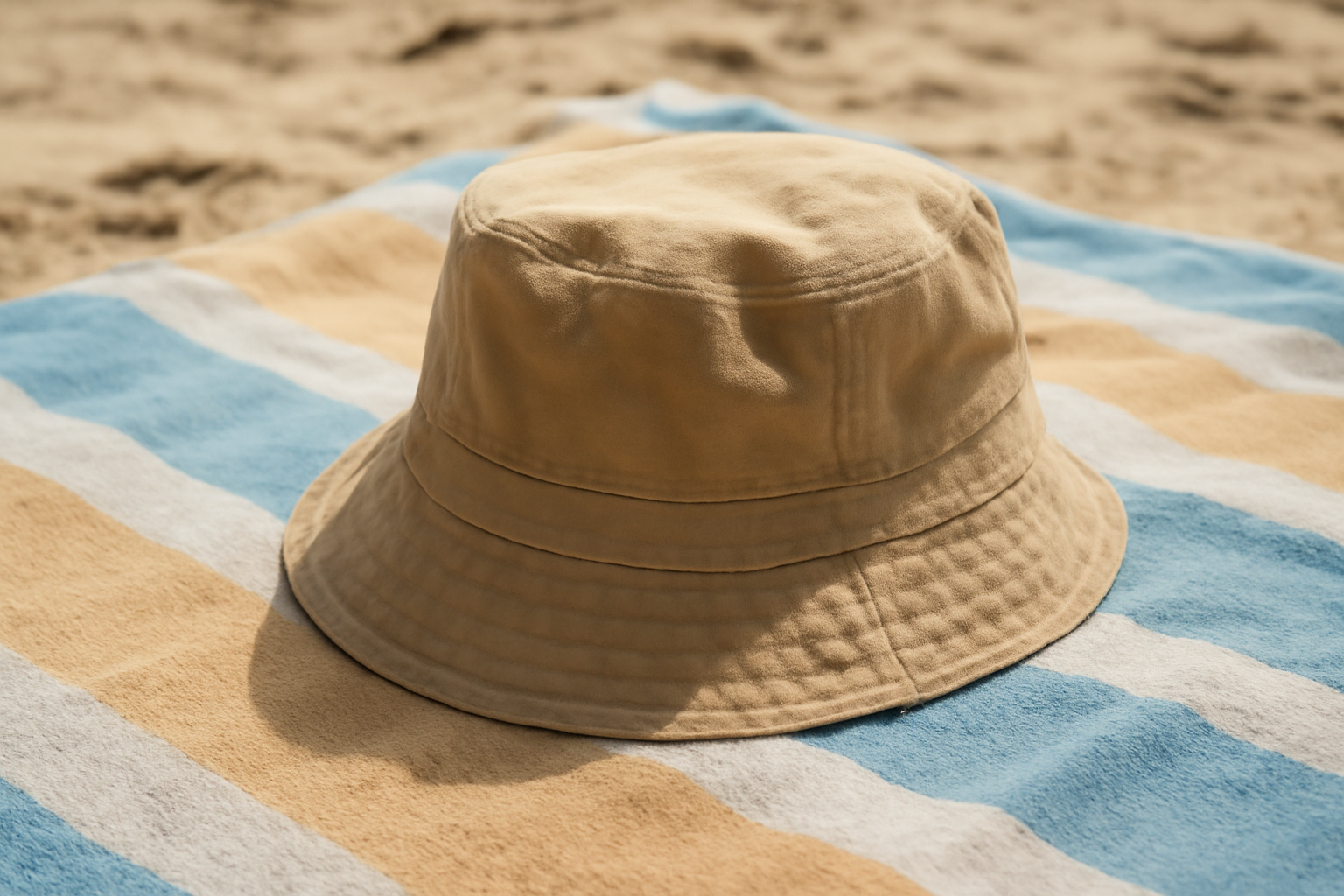 bob plié posé sur serviette de plage