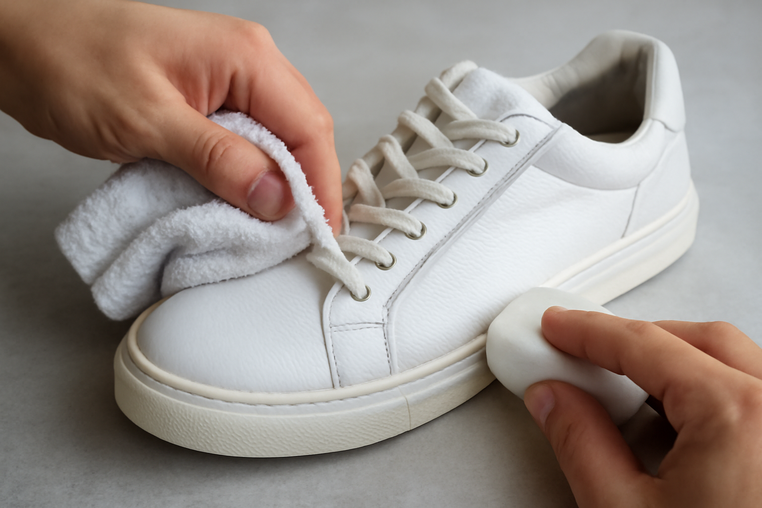 mains nettoyant baskets en cuir blanc