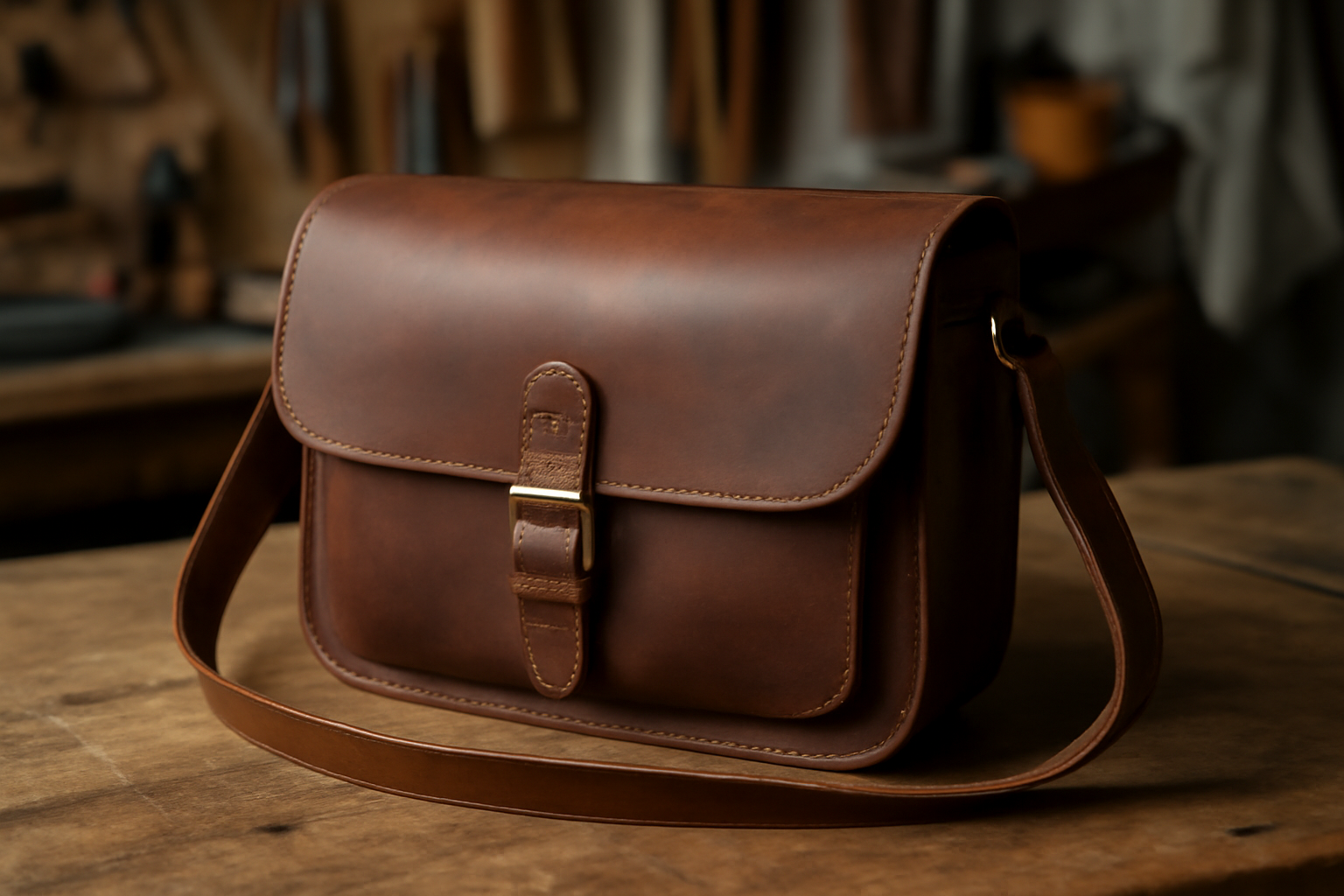 sac en cuir posé sur table atelier
