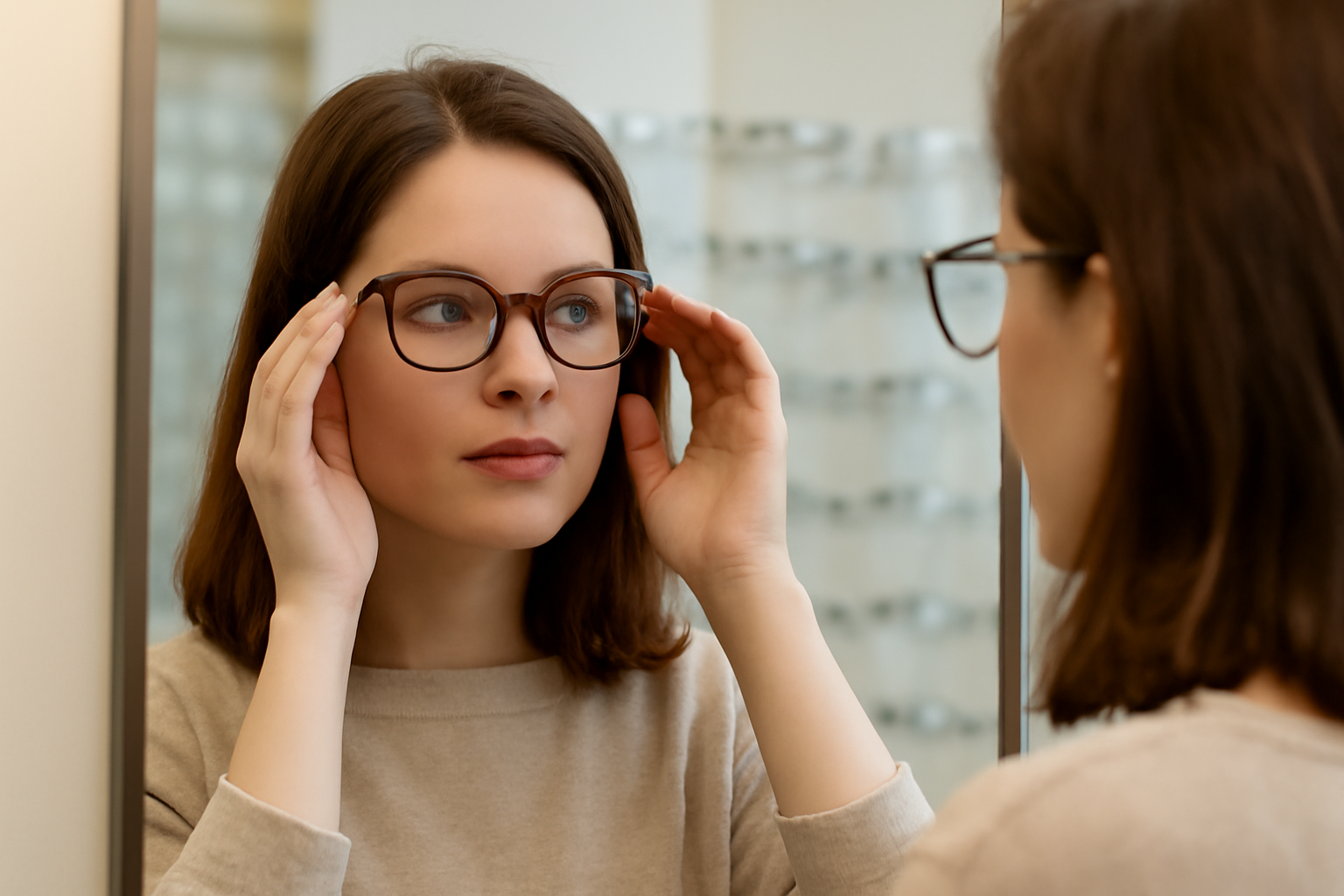 personne essayant des lunettes devant miroir