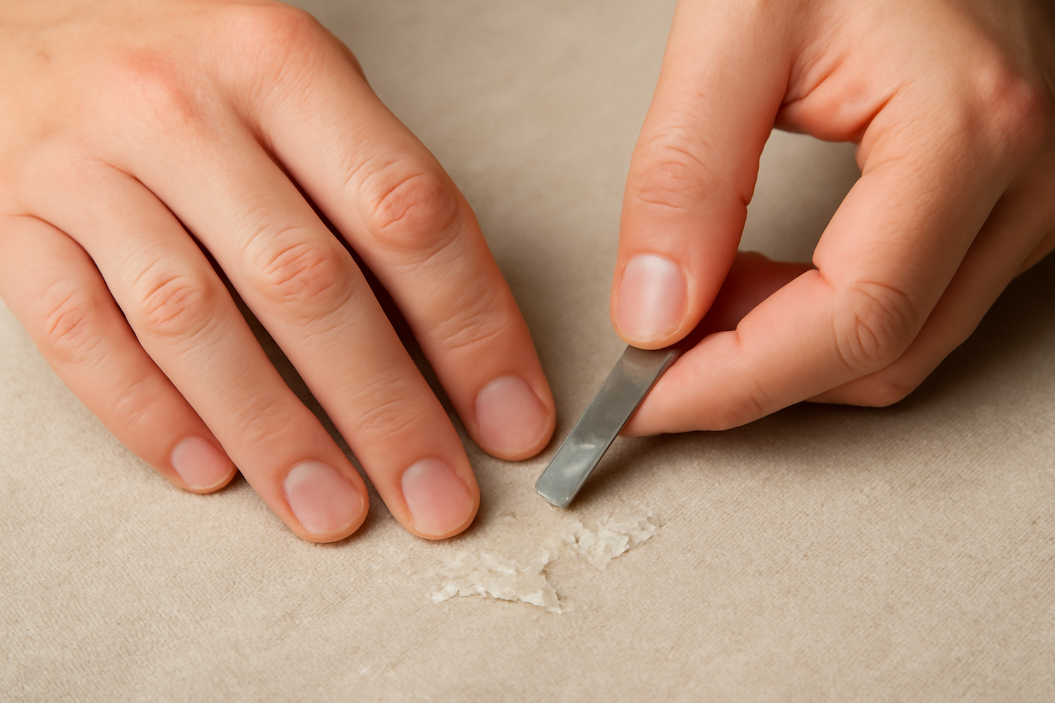 mains grattant doucement colle sur tissu