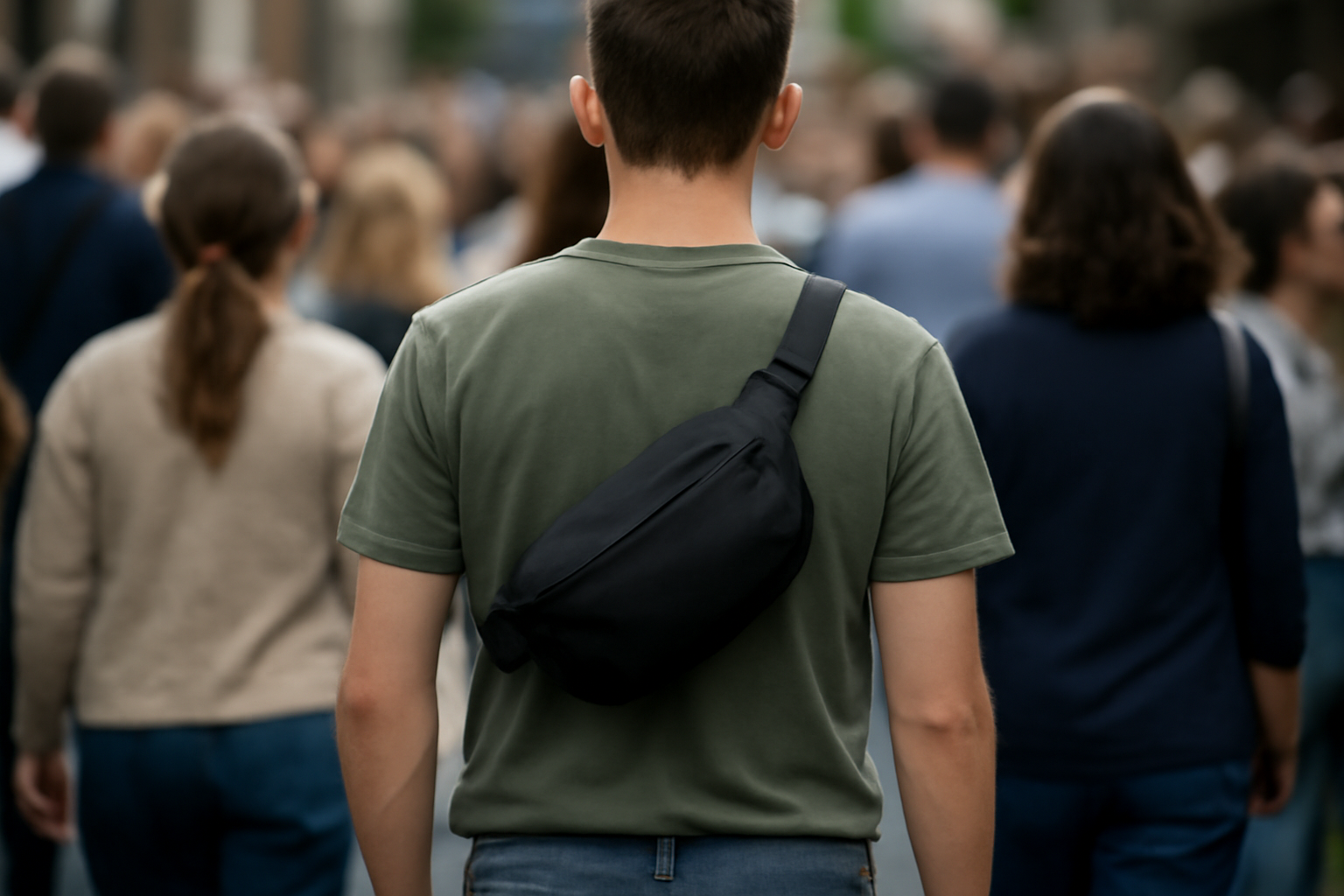 personne portant sac banane en foule