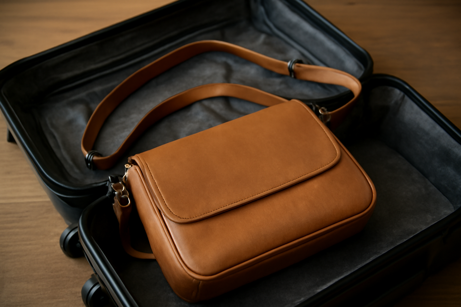 sac bandoulière posé sur valise ouverte