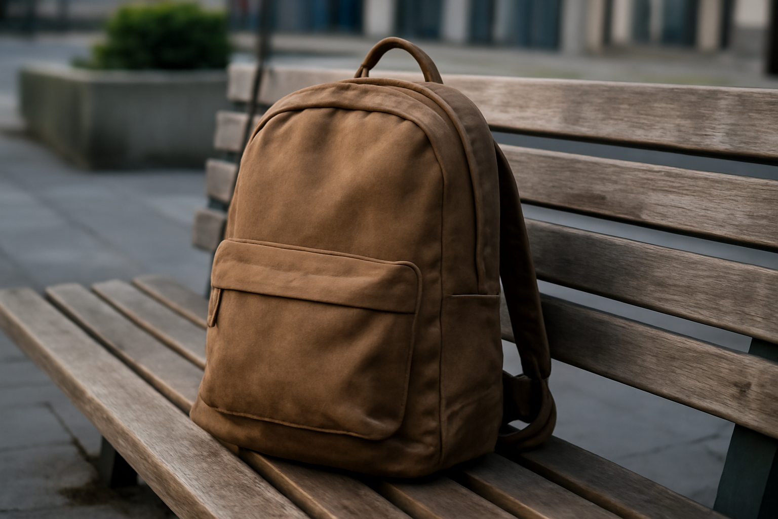 sac à dos posé sur banc urbain